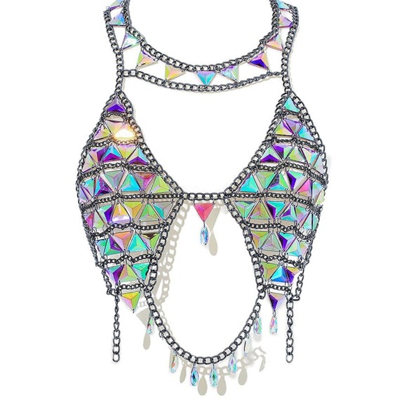 Boho Body Chain Bra Silver Sexy BBody Halter Backless Sequins Chain Body Jewelry - Picture 3 of 5